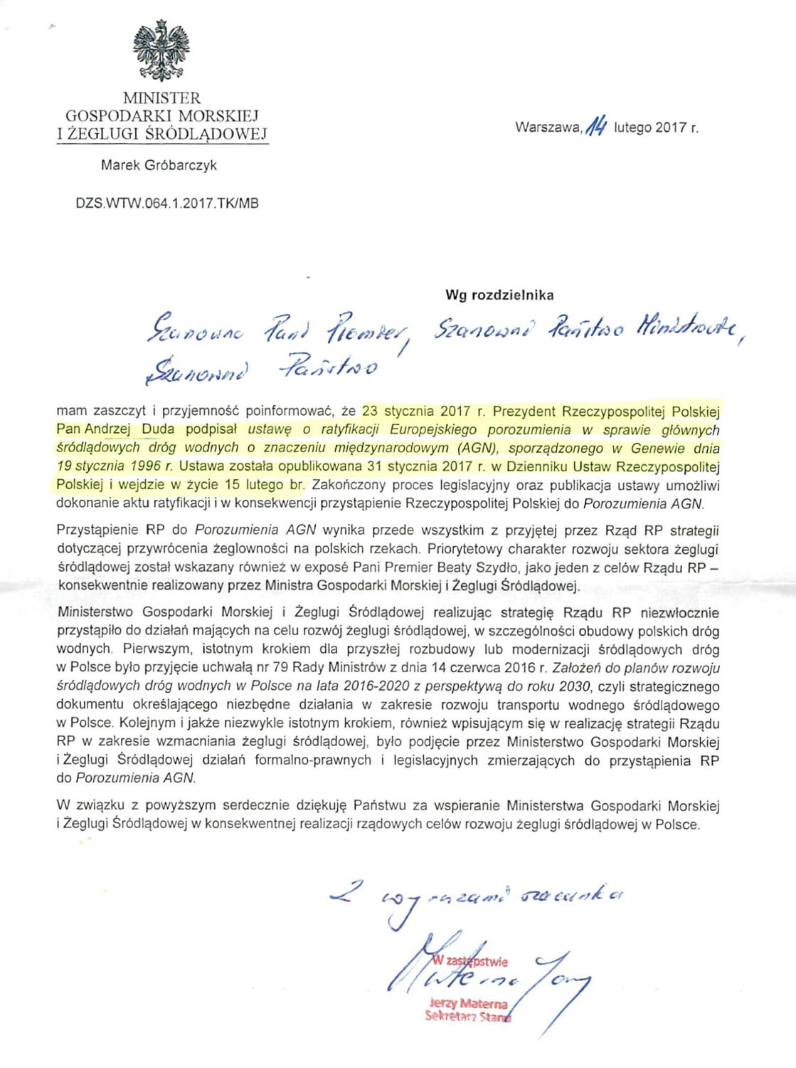 Podziękowanie MGMiŻŚ za wsparcie w drodze do AGN